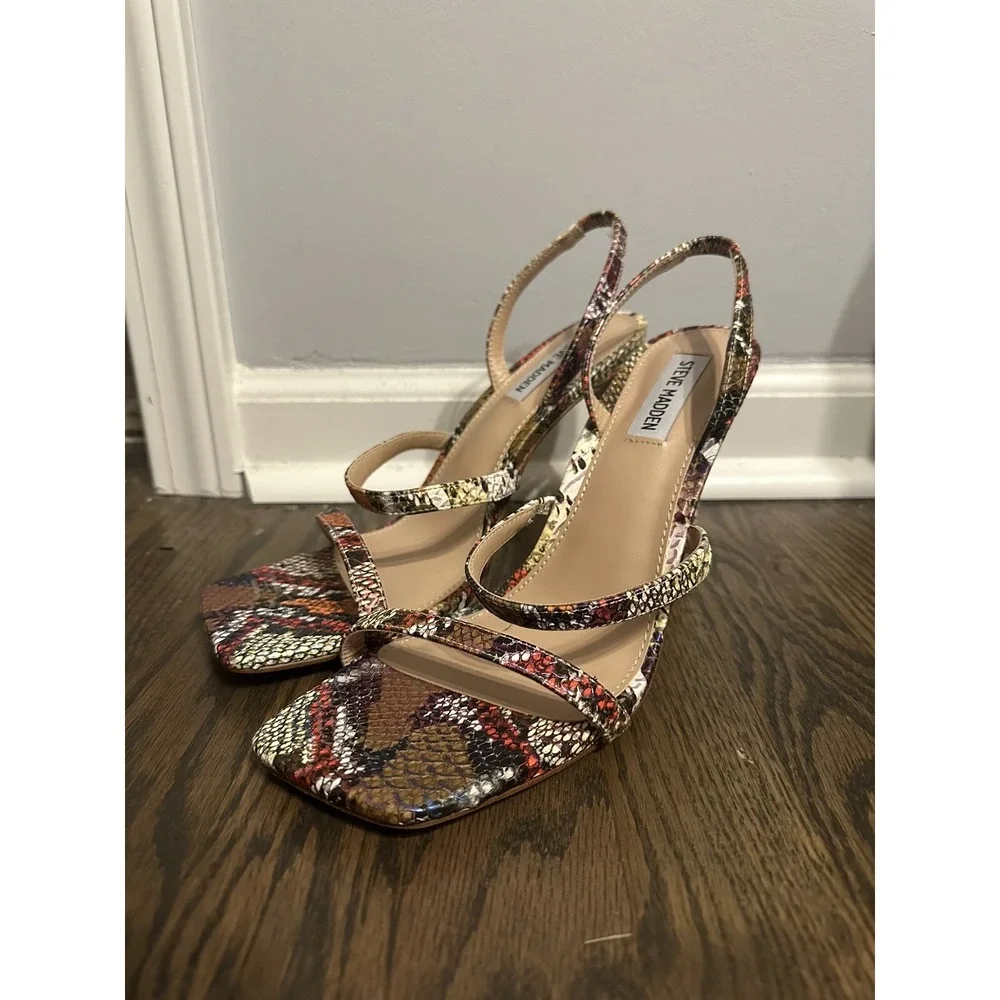 Steve Madden Gracey Stiletto‎ Heeled Sandal Rainbow Snake Print Sz 10 Multicolor